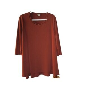 Chico's Womens Spice w Gold Bead Accents 3/4 Sleeve Hi-Low Stretch Top Size 2